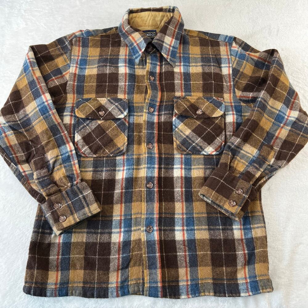 Enro Vintage Wool Flannel Shirt Brown Blue Plaid Men's size large
